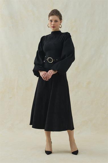 Siyah Hakim Yaka Detaylı  Kemerli Balon Kol Elbise