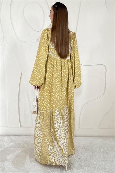 Sarı Hakim Yaka Uzun Kollu Kuşaklı Elbise