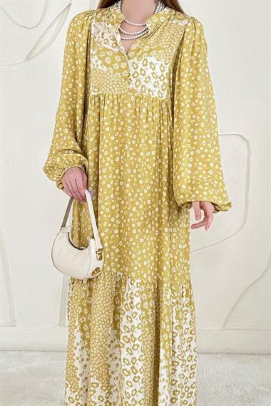 Sarı Hakim Yaka Uzun Kollu Kuşaklı Elbise