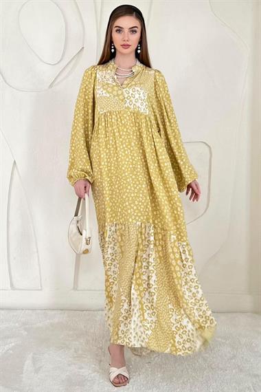 Sarı Hakim Yaka Uzun Kollu Kuşaklı Elbise