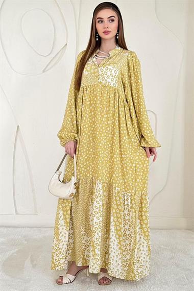 Sarı Hakim Yaka Uzun Kollu Kuşaklı Elbise