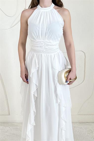 Ekru Halter Yaka Astarlı Elbise