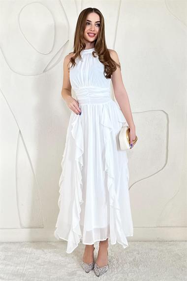 Ekru Halter Yaka Astarlı Elbise