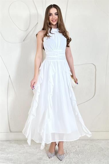 Ekru Halter Yaka Astarlı Elbise