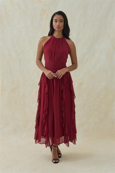 Bordo Halter Yaka Astarlı Elbise