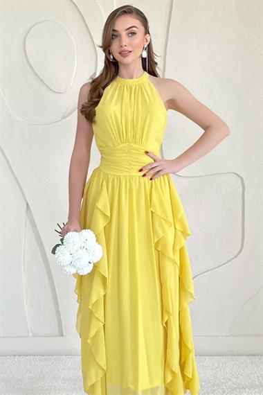 Sarı Halter Yaka Astarlı Elbise