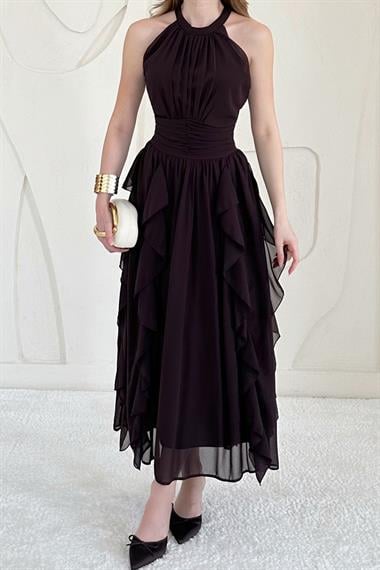 Kahverengi Halter Yaka Astarlı Elbise