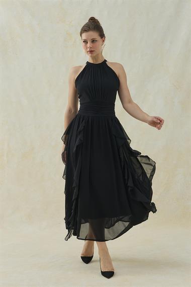 Siyah Halter Yaka Astarlı Elbise