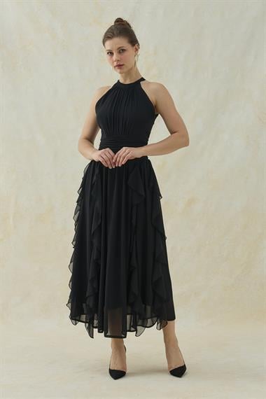 Siyah Halter Yaka Astarlı Elbise