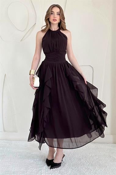 Kahverengi Halter Yaka Astarlı Elbise