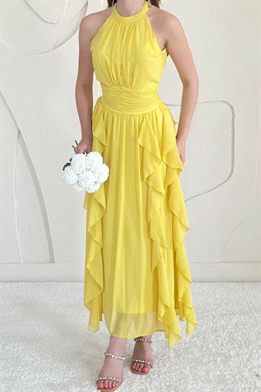 Sarı Halter Yaka Astarlı Elbise
