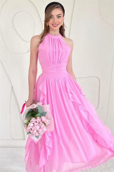 Pembe Halter Yaka Astarlı Elbise
