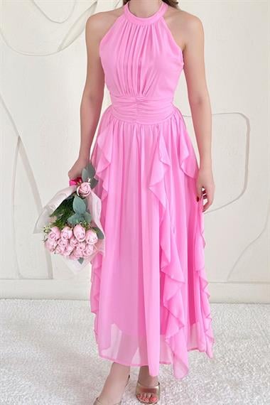 Pembe Halter Yaka Astarlı Elbise