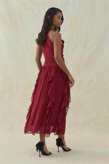 Bordo Halter Yaka Astarlı Elbise