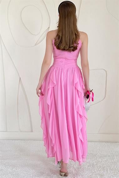 Pembe Halter Yaka Astarlı Elbise