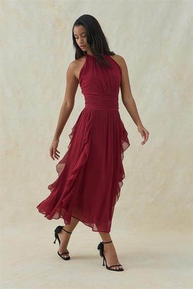 Bordo Halter Yaka Astarlı Elbise