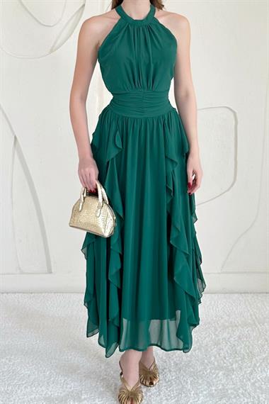 Zümrüt Halter Yaka Astarlı Elbise