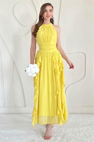 Sarı Halter Yaka Astarlı Elbise