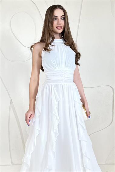 Ekru Halter Yaka Astarlı Elbise