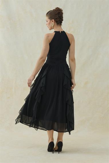 Siyah Halter Yaka Astarlı Elbise