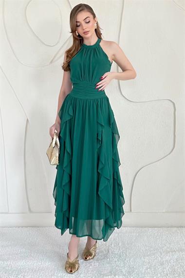 Zümrüt Halter Yaka Astarlı Elbise
