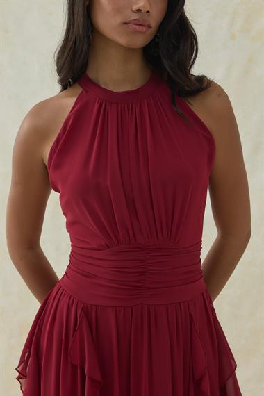 Bordo Halter Yaka Astarlı Elbise