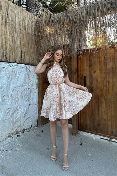 Ekru Halter Yaka Elbise