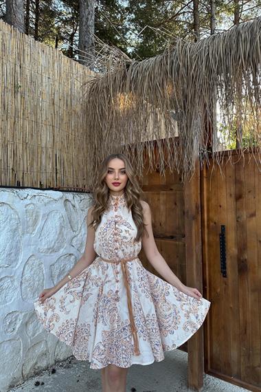 Ekru Halter Yaka Elbise