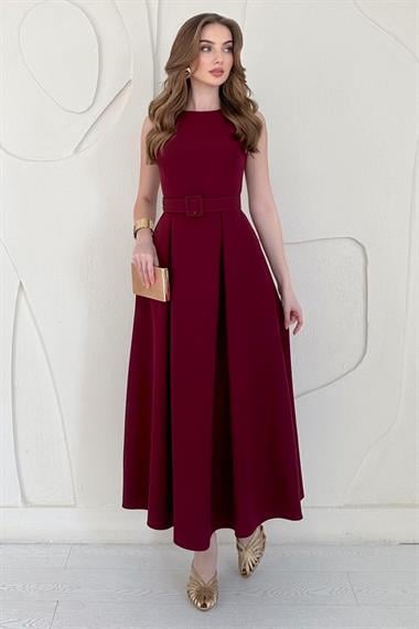 Bordo Halter Yaka Kloş Elbise