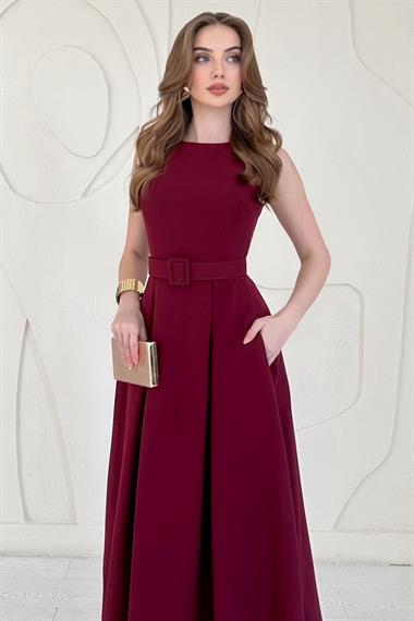 Bordo Halter Yaka Kloş Elbise