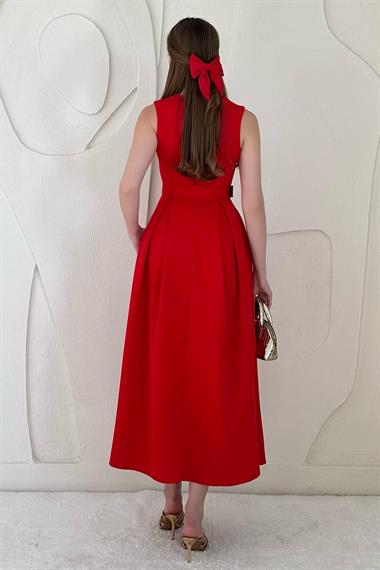 Kırmızı Halter Yaka Kloş Elbise