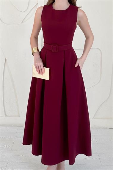 Bordo Halter Yaka Kloş Elbise