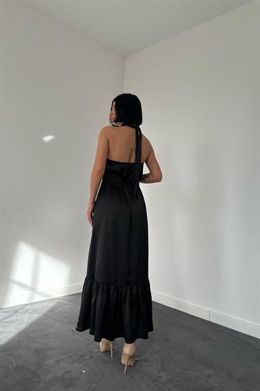 Siyah Halter Yaka Örgülü Elbise