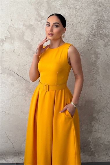 Hardal Halter Yaka Kloş Elbise