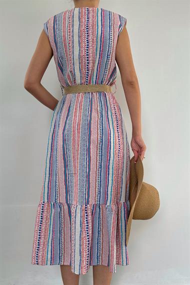 Lila Hasır Kemerli Keten Elbise