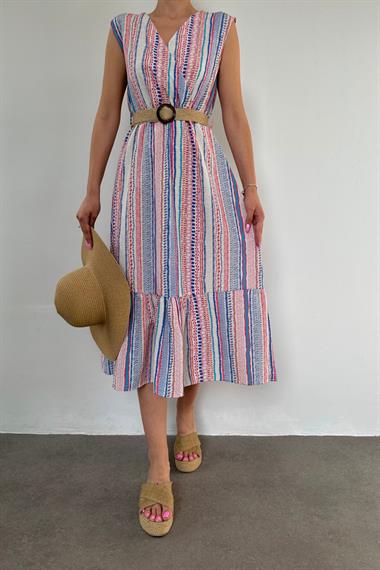 Lila Hasır Kemerli Keten Elbise