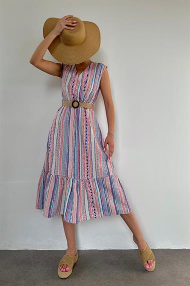 Lila Hasır Kemerli Keten Elbise