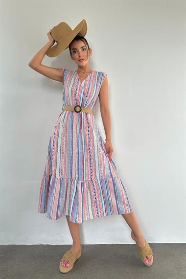 Lila Hasır Kemerli Keten Elbise