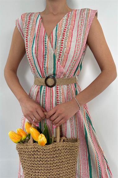 Pembe Hasır Kemerli Keten Elbise