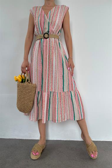 Pembe Hasır Kemerli Keten Elbise