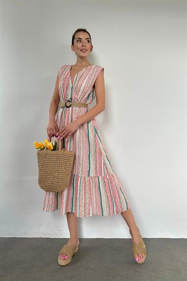 Pembe Hasır Kemerli Keten Elbise