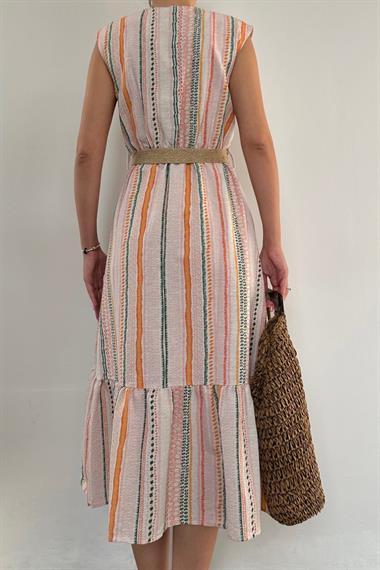 Yeşil Hasır Kemerli Keten Elbise