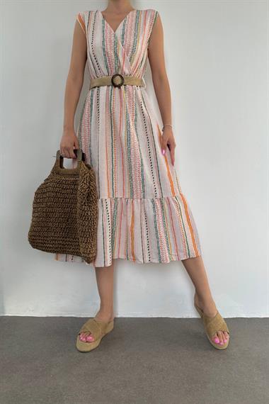 Yeşil Hasır Kemerli Keten Elbise