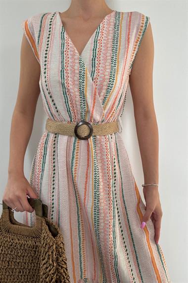 Yeşil Hasır Kemerli Keten Elbise