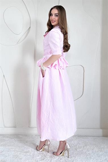 Pembe İnce Kemer Detaylı Fıfırlı Ceket Etek Takım