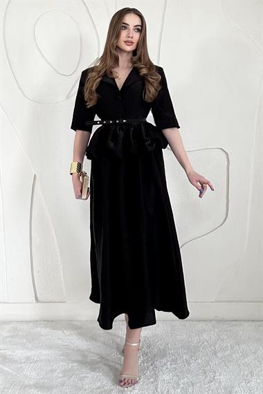 Siyah İnce Kemer Detaylı Fıfırlı Ceket Etek Takım