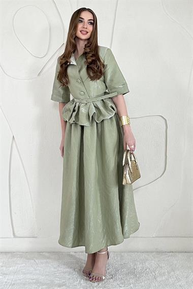 Yeşil İnce Kemer Detaylı Fıfırlı Ceket Etek Takım