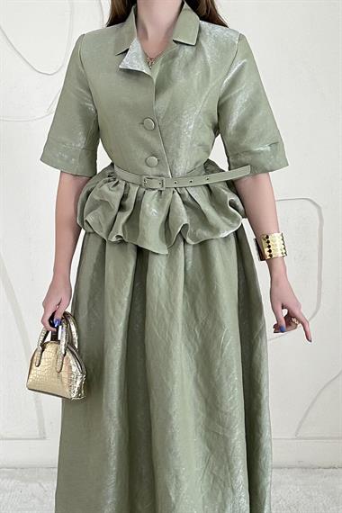 Yeşil İnce Kemer Detaylı Fıfırlı Ceket Etek Takım