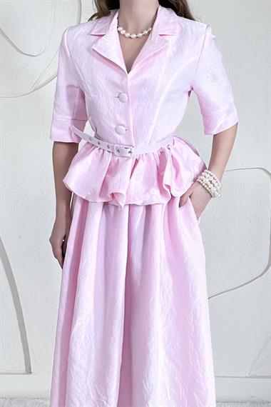 Pembe İnce Kemer Detaylı Fıfırlı Ceket Etek Takım