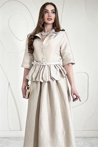 Bej İnce Kemer Detaylı Fıfırlı Ceket Etek Takım